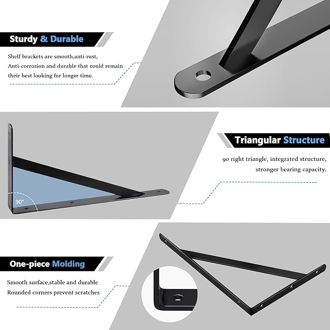 10 Pack L14 x H 10" Heavy Duty Shelf Brackets with Screws Open Floating Shelving Bracket L Brackets Black Metal Shelf Brackets for Shelves, Room, Pantry, Garage