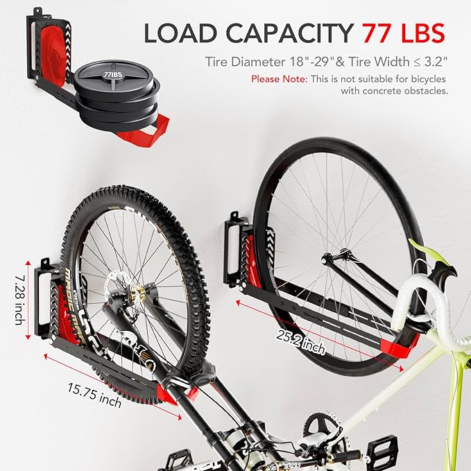 3-Pack Swivel Bike Rack Wall Mount, Bike Hangers for Garage, Space-Saving Vertical Bike Holder, Holds up to 77 lbs, Bicycle Wall Hanger Storage, No Heavy Lifting Required Indoor Hanging Bike Rack-Red