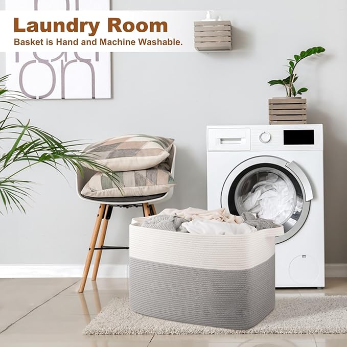 XXXL Supre Large Blanket Basket for Clothes, Towels, Pillows, 108L Cotton Rope Storage Basket for Living Room, Woven Toy Storage for Kids, 25" x 16" x 16", Grey and White