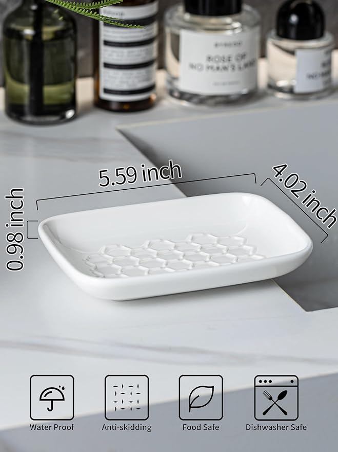 Gomakren Soap Dish for Shower, Bar Soap Holder, Christmas Ceramic Soap Dishes for Bar Soap, Sponge Holder Soap Saver Soap Tray for Bathroom Kitchen Sink, 5.5 Inch, White