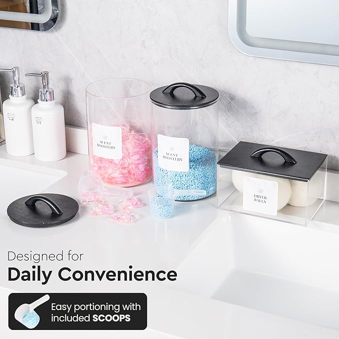Laundry Pod Storage Container Set | Two 3L Glass Jars & One Acrylic Dryer Sheet Container with Bamboo Lids – Includes 2 Scoops, 60 Waterproof Laundry Labels – Dishwasher Safe