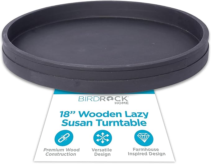 BIRDROCK HOME Wooden Lazy Susan Turntable - Spice Rack Organizer for Kitchen Table, Dining, Pantry and Countertop - Rotating Tray for Condiments - with Burnished Iron Accents - 18" Large, Matte Black