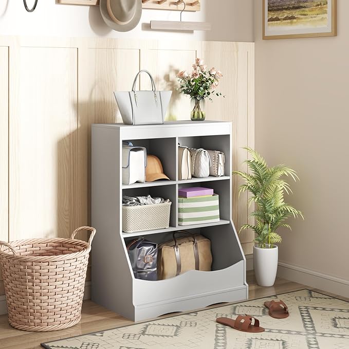 Storage Organizer, Small Bookcase w/ 4 Open Cubes & 1 Bottom Compartment, Anti-Tipping Device, Foot Pads, Low Cube Bookshelf for Bedroom, Living Room, Playroom, Study, Small Spaces (Gray)