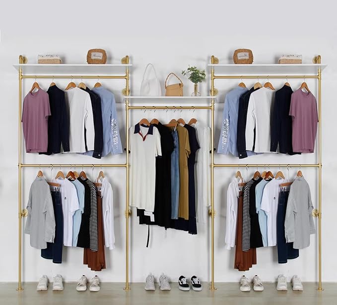 Industrial Pipe Clothing Rack Wall Mounted 5 Hanging Rods Garment Bar with Storage Shelf, Heavy Duty Metal Clothes Racks Closet System for Hanging Clothes Retail Display (Gold)