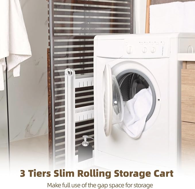 3 Tiers Slim Rolling Storage Cart, 3.5 Inches Slim Slide out Bathroom Organizer Cart, Tiered Storage Rack with Wheels, Narrow Mobile Utility Cart for Laundry Room, Kitchen, Office, Sturdy Room