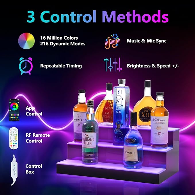 Led Lighted Liquor Bottle Display Shelf, 20 Inch 3 Tier Whiskey Rack, Support USB, Bar Stand with RF Remote & App Control, Illuminated Acrylic Lighting Shelves for 18 Bottles, Home Bar, Party