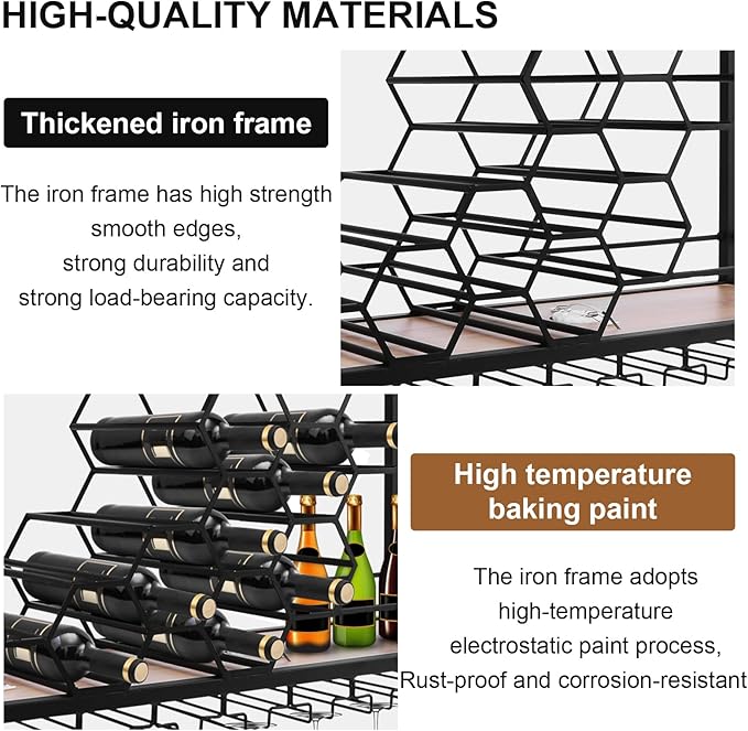 Metal Hanging Wine Rack Hanging Organizer Ceiling Bar Wine Glass Rack with Glass Holder and Shelf Multi Functionl Wine Bottle Holder Organizer, for Bar Cafe Kitchen
