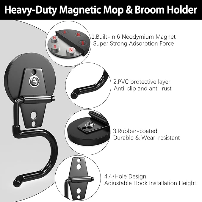 3-H Magnetic Mop Broom Holder and Mop Organizer 4 Pack, Heavy Duty Strong Utility Magnetic Tools Holde, Anti-Slip Strong Metal Garden Tool Rack for Garage, Laundry, Garden (Black)