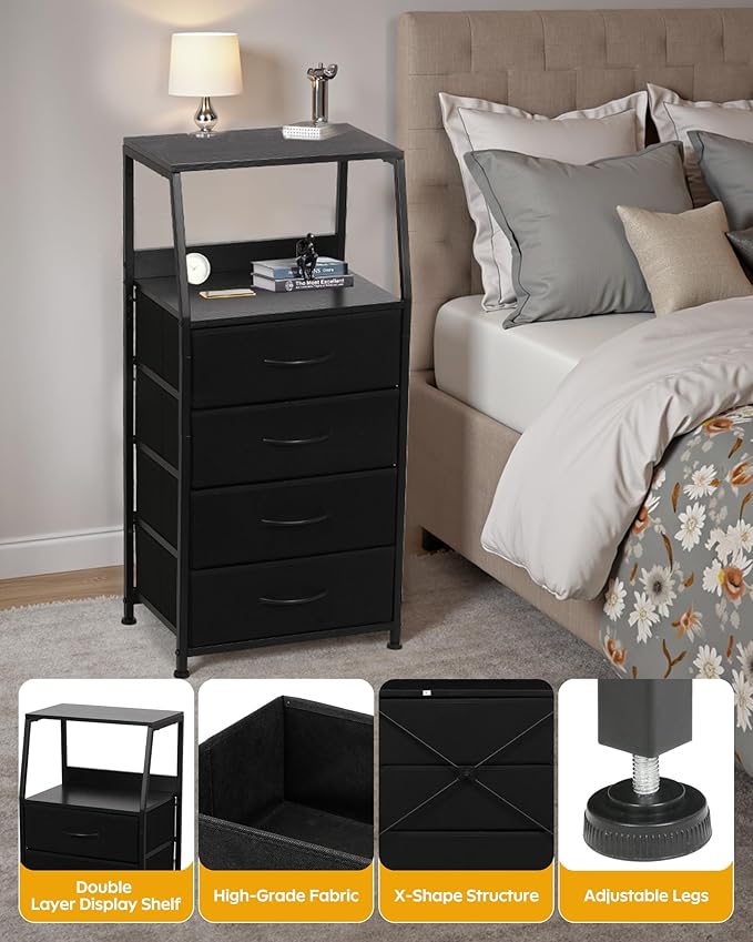 Dresser for Bedroom, Fabric Nightstand Tall Dresser & Chests of Drawers with 4 Drawers, Vertical Organizer Storage Tower Unit for Bedroom, Hallway, Entryway Black