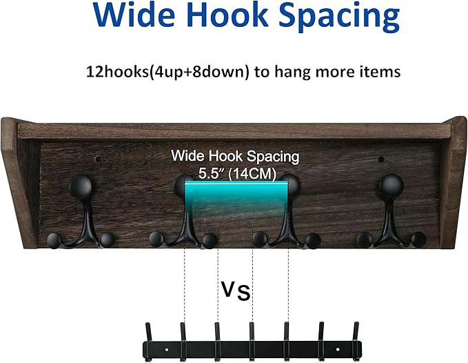 WEBI Wall Shelf with Hooks Underneath,24” Long Wall Mounted Coat Rack with Shelf,Entryway Coat Rack with 4 Triple Hooks for Hanging Coats,Jacket,Hallway,Bedroom,Mudroom,Weathered Brown