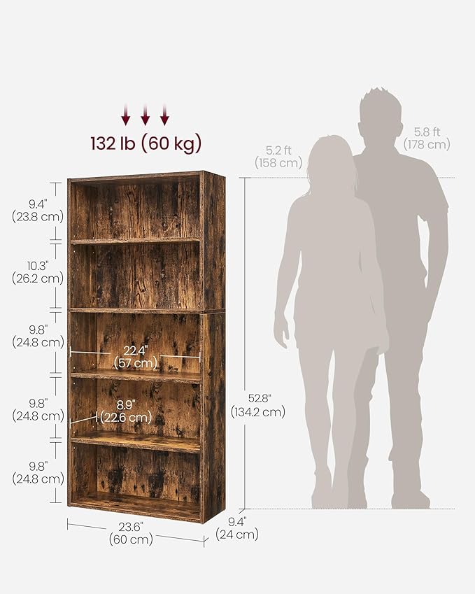 VASAGLE CUSTOS Collection - Bookshelf, 5-Tier Bookcase, Book Shelf, Open Storage Shelf, 9.4 x 23.6 x 52.8 Inches, for Living Room, Home Office, Dinning Room, Rustic Brown ULBC165X01