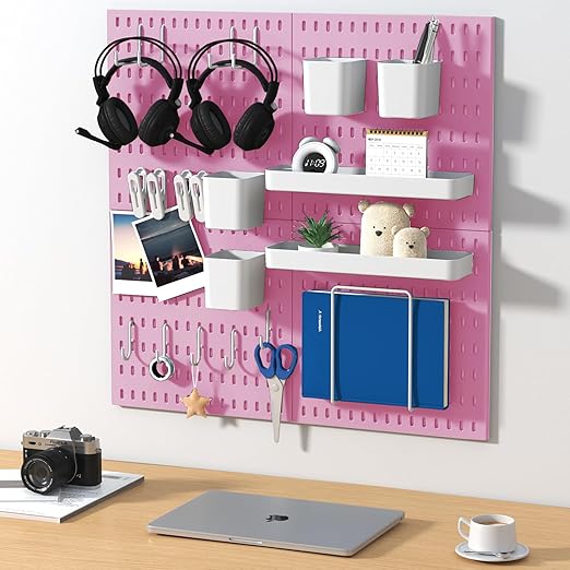Peg Board Combination Kit, 8 Pegboards with 40 Accessories, Pegboard Wall Organizer for Office, Nursery & Home Storage, Key Holder, 51.2"x25.6" – Nail-Free Installation（Pink）