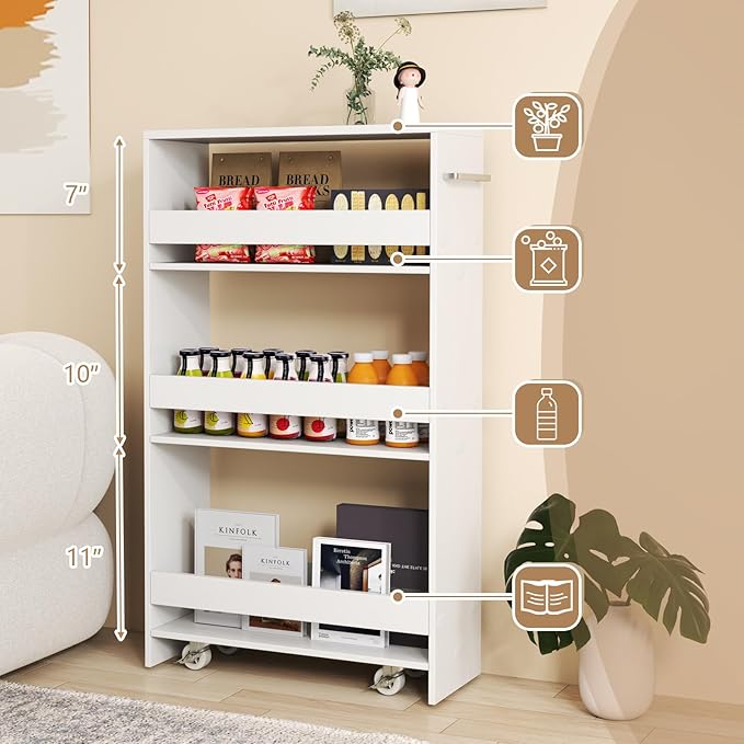 Slim Rolling Storage Cart, 4 Tier Narrow Kitchen Cart with Wheels, Between Washer and Dryer Cart, Wood Shelving Unit Organizer w/Handle for Small Spaces (White, 8-Inch)