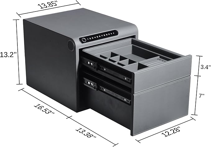 Jewelry Safe with Drawers，Biometric Fingerprint safe, Slide-Away Handgun Safe for Pistols, Leather Wrapped Jewelry Storage Safe, Digital Keypad & Quick-Access Drawer (Grey- 2 Drawer)