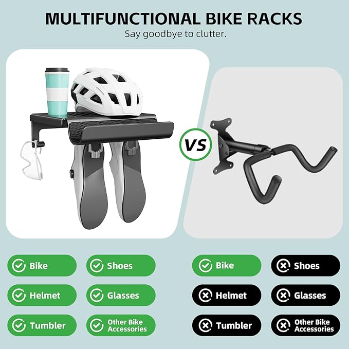 Bike Wall Mount Rack Indoor Bike Storage Garage Bike Rack Wall Mount with Shelf and Hooks Store Your Helmet and Shoes for a Single Road, Mountain or Other Bicycle (Fit Crank Bicycle)