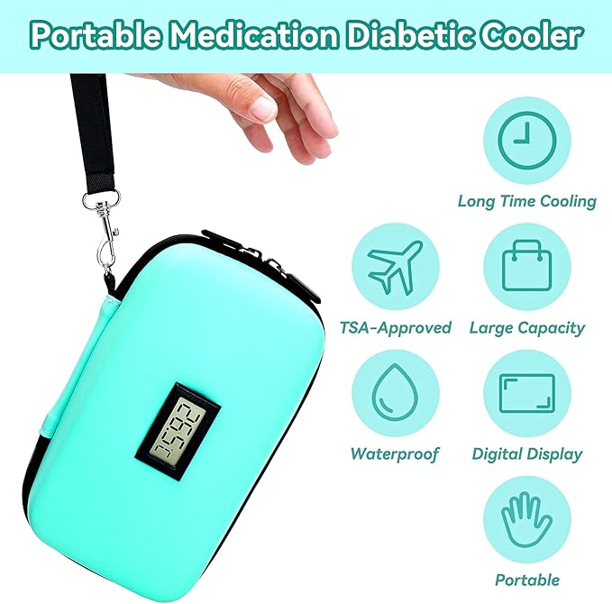 Insulin Cooler Travel Case, TSA Approved Medication Diabetic Cooler Organizer Bag with Thermometer Temperature Display 2 Ice Packs, Green