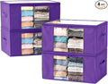 Clothes Storage Bags, Foldable Thick Fabric Blanket Storage Bags, Large Clear Window & Carry Handles, Great for Clothes, Blankets, Closets, Pillows, Toys (Purple, 4PACK)