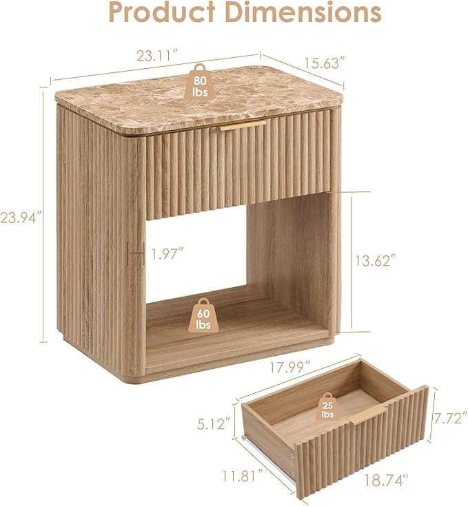 Fluted Nightstand Set of 2, Bedside Table with Faux Marble-Top, Engineered Wood Side Table with Drawer Open Shelf, Curved Corners, Modern Night Stand for Bedroom, Small Spaces, Natural Oak