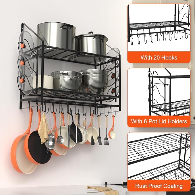 28 Inch Pot Rack Wall Mounted, 2 Tier Pots and Pans Organizer with 20 Hooks and 6 Pot Lid Holders, Heavy Duty Steel Pot and Pan Hanger for Kitchen Cookware Utensils Storage 34.7" Lx13 Wx26.4 H