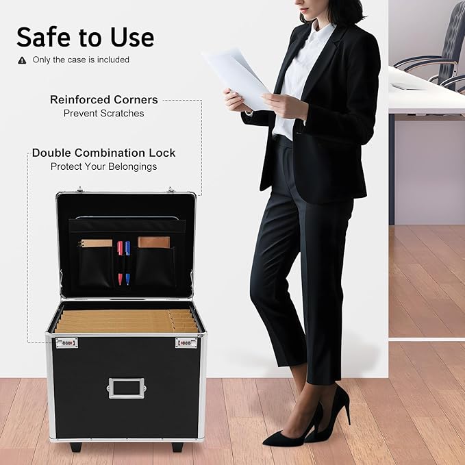 Rolling Cart for Teachers, Rolling File Cart with Hanging Folders, Portable File Box with Handle, Aluminum Alloy, Passcode Lock, Black