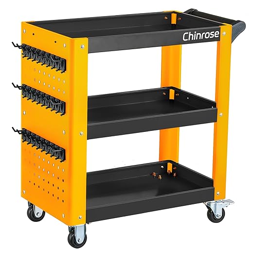 3 Tier Rolling Tool Cart on Wheels, Mechanic Storage Organizer, Rolling Work Cart with Pegboard for Garage, Workshop, Warehouse (Black&Yellow)