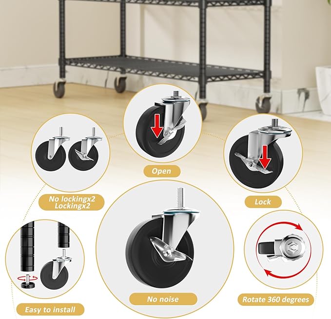 Storage Shelves Heavy Duty with Wheels,45"W x 20"D x 72"H Garage Wire Shelving Unit Loads 2000LBS,5-tier Adjustable Metal Industrial Utility Shelf Rack for Kitchen,Laundry,Pantry,Warehouse,Basement