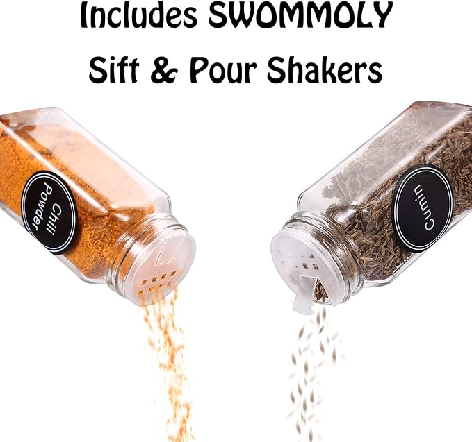 SWOMMOLY 25 Glass Spice Jars with 703 Spice Labels, Chalk Marker and Funnel Complete Set. 25 Square Glass Jars 4OZ, Airtight Cap, Pour/sift Shaker Lid