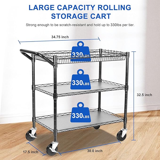 YNN Black Utility Rolling Cart,990Lbs 3 Tier Heavy Duty Metal Cart with Wheels & Handle NSF Wheeled Cart 31" D x 18" W x 33" H for Bedroom, Bathroom, Kitchen,Garden,Decor,Serving