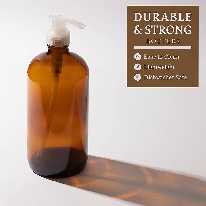 32 Ounce Large Amber Glass Boston Round Bottles w/Natural Color Pumps. Great for Lotions, Soaps, Laundry Detergent and Essential Oils - Food Safe and Medical Grade - by kitchentoolz (Pack of 2)