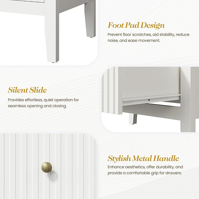 RoyalCraft White Fluted 4 Drawer Dresser for Bedroom, Modern Chest of Drawers, Wood Dresser for Storage Clothes, Wooden Storage Cabinet Nightstand for Bedroom, Hallway, Living Room, Entryway