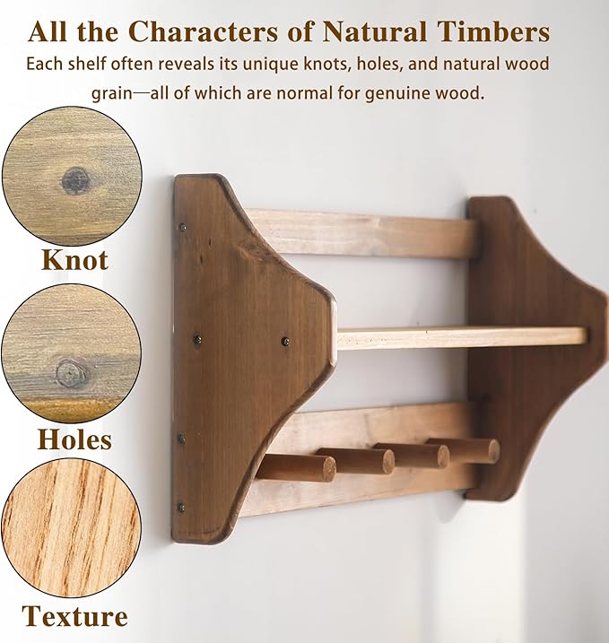 100% Solid Wood Wall Hooks with Shelf, Rustic Coat Rack with Shelf Wall-Mounted, Farmhouse Decor Shelves with 4 Hooks for Clothes Hats Towel Purse Robes, Bathroom Mudroom Bedroom, Entryway
