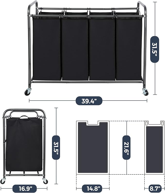 STO STO Laundry Sorter 4 Section, 4 Bag Laundry Hamper, Rolling Laundry Cart, Laundry Basket with Heavy Duty Lockable Wheels and Removable Bag for Clothes Storage, Black