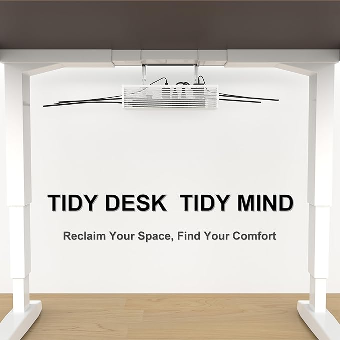 Under Desk Cable Management Tray - No Drill or Screw Mount Option, Heavy Duty Metal Cord Organizer Rack, Power Strip Holder for Office & Home