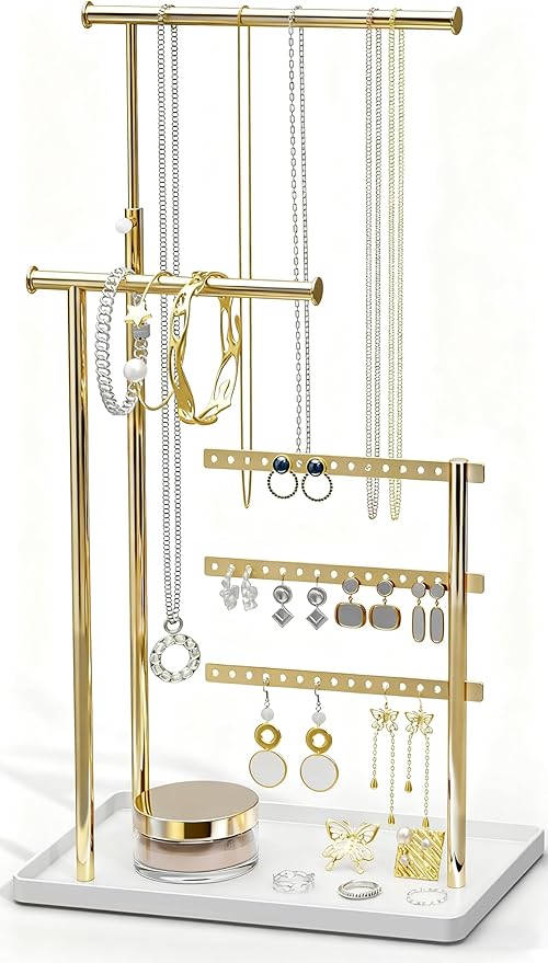 Jewelry Holder Organizer Stand - Adjustable Tall 17.5" (Max), Gift for Women, Mirrored Gold Jewelry Hanger for Necklaces, Earrings, Bracelets, Rings