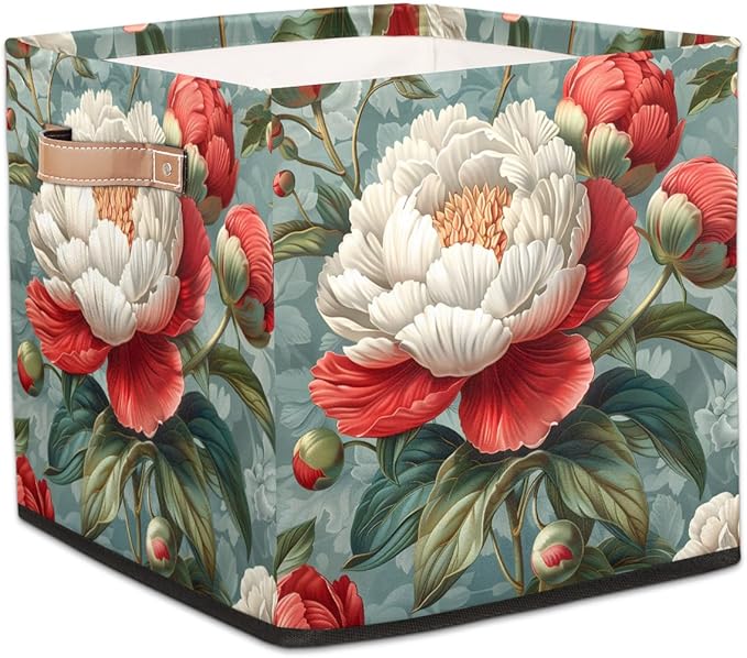 TropicalLife 13x13x13 Inch Large Fabric Storage Cube Retro Rose Foldable Storage Bin with Handles Organizer Boxes Cube Basket for Shelves Organizing Closet