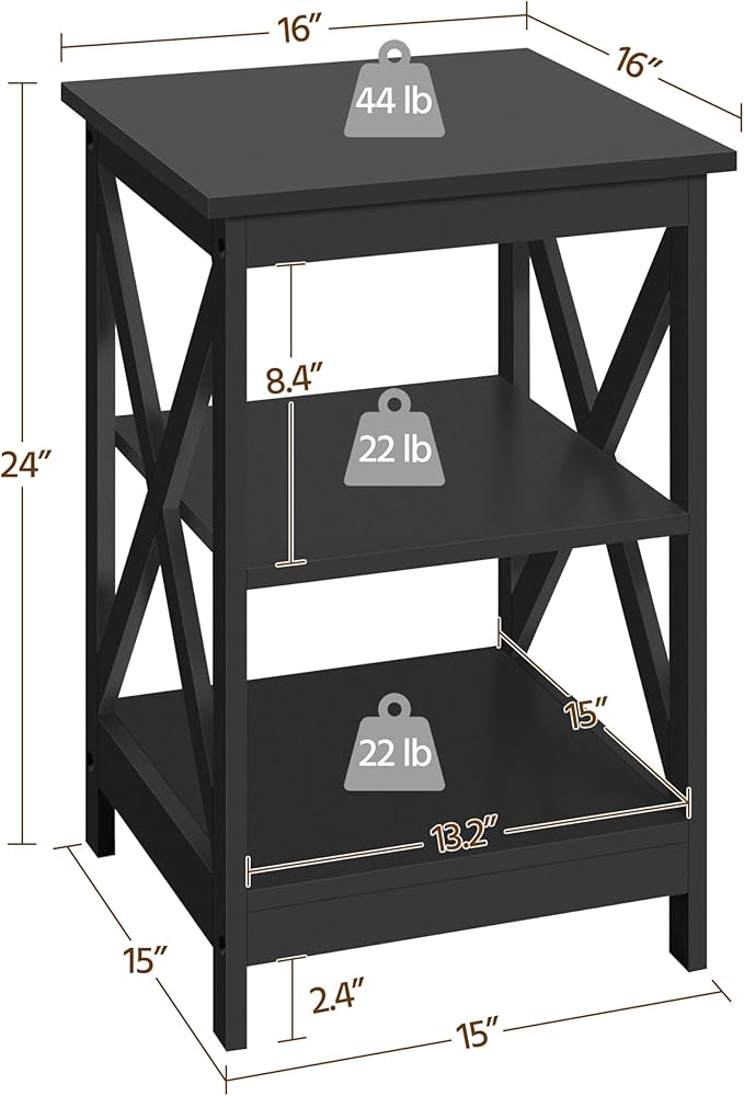 Yaheetech 3 Tier Sofa Side End Table with Shelf, X Shape Chair Side Coffee Snack Table for Living Room, Display Unit Organizer, Black