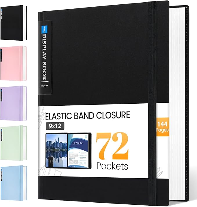 Sooez Art Portfolio 9"x12", 72 Pockets Large Portfolio Folder Display 144 Pages, Heavy Duty Binder with Plastic Sleeves&Elastic Band, Presentation Book with Clear Sheet Protector for Artwork Organizer