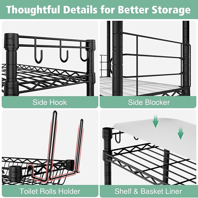 PrimeZone Over The Toilet Storage Shelf - 4 Tier Adjustable Metal Bathroom Wire Shelves Organizer with 2 Hooks, Freestanding Above Toilet Storage Rack for Bathroom Laundry, Black