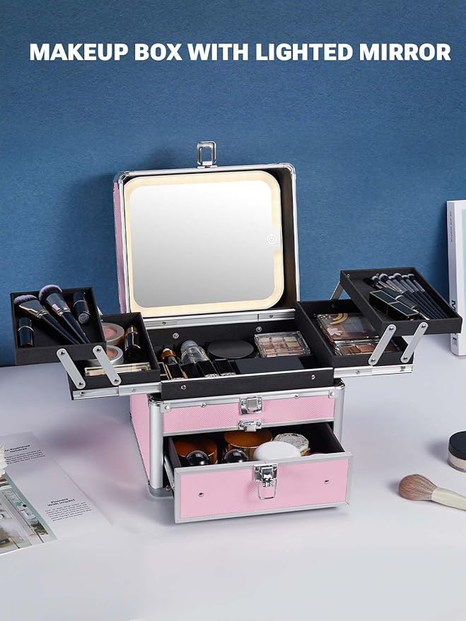 Qislee Makeup Box with Drawer and Four Trays, A Detachable Lighted Mirror, Waterproof Travel Train Case, Cosmetic Organizer and Makeup Suitcase with Magnetic LED Mirror(ICY Pink)