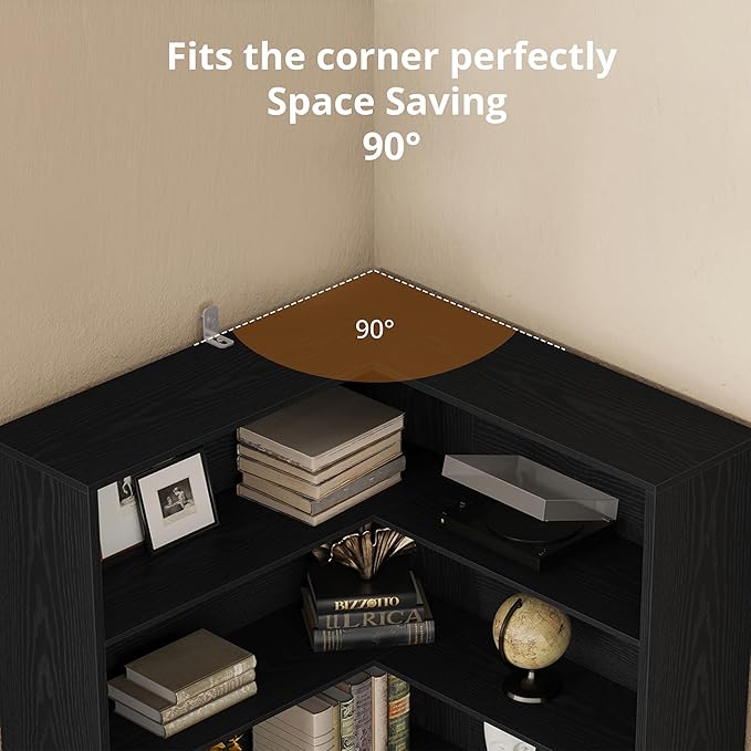 ANCTOR Corner Bookshelf, 6 Tiers Corner Bookcases with Baffles Etagere Shelf Storage Rack for Living Room Home Office, Black