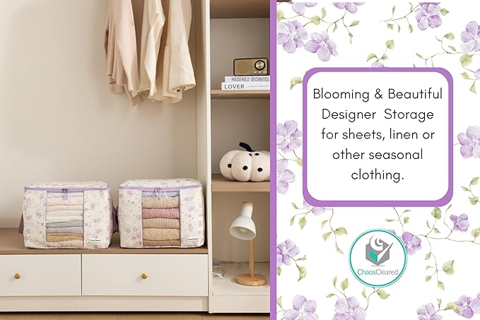 Designer Canvas Clothing Storage Bags 2 Pack Purple Floral Clothes Organizer bags for sweaters, clothing, garments, quilt, linens, large folding organizers with zip & window, moth proof space saver