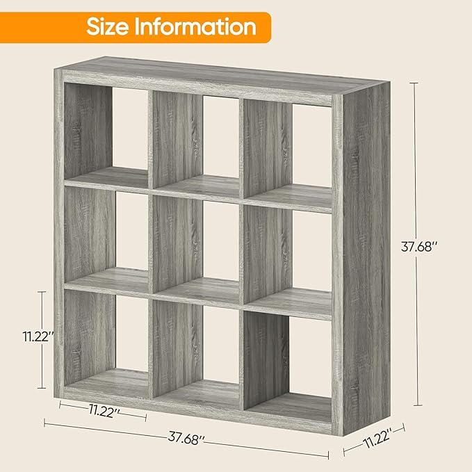 Bookshelf with Storage Bins, 9-Cube Storage Organizer Sturdy Wooden Bookcase Open Book Shelf, Multifunctional Cubicle Rack for Storage & Display, Furniture for Living Room Bedroom Office, Gray Oak