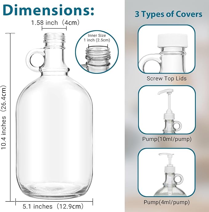 2 Pack Laundry Detergent Dispenser with Pump and Lid, 64 Oz Glass Bottles for Laundry Room Organization and Storage, Fabric Softener Dispenser for Washer