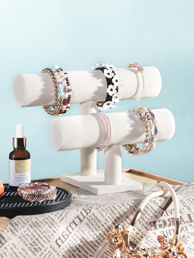 T-Bar Bracelet Holder Stand, Bracelet Jewelry Organizer Stand, Bangle Bracelet Watch Display for Selling, Scrunchie Hair Ties Jewelry Storage Rack for Women (2 tier beige)