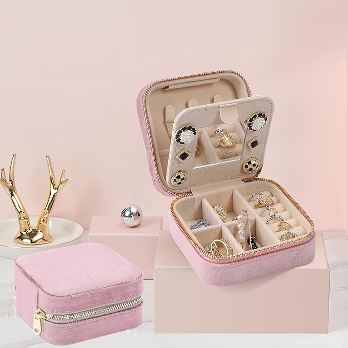Dajasan Velvet Travel Jewelry Box, Mini Travel Jewelry Case, Small Portable Travel Jewelry Organizer Box with Mirror for Earrings Bracelets Rings Necklace (Pink)