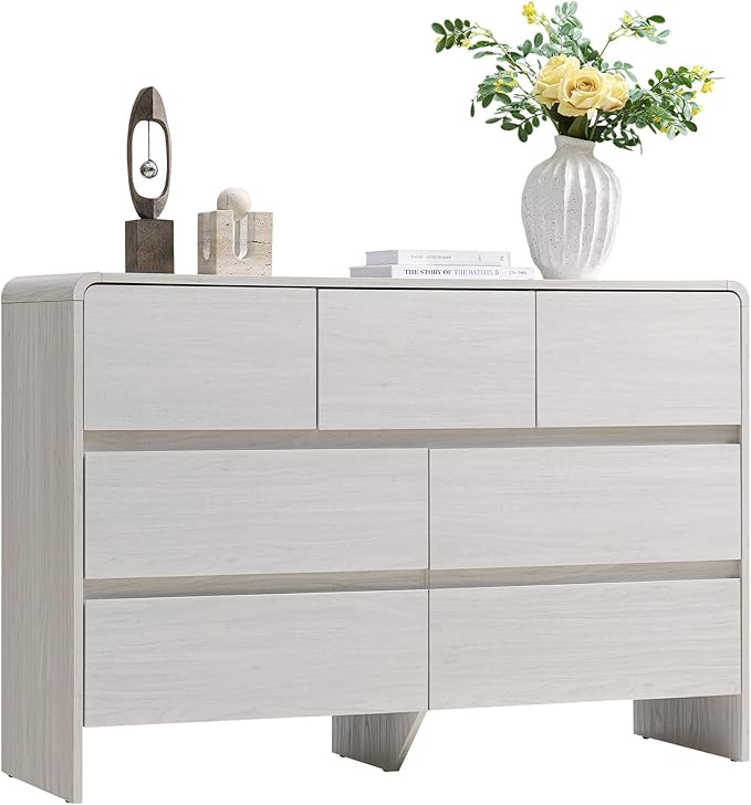AMERLIFE 7 Drawer Dresser for Bedroom, 49" Wide Modern Chest of Storage Drawers with Rounded Corners, Anti-Tip Kit, Wood Cabinet Organizer for Closet, Living Room, Nursery, Easy Assembly, White
