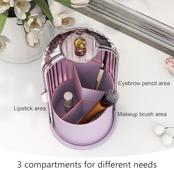 Makeup Brush Holder with Dustproof Cover 360 Rotating Makeup Brush Organizer for Vanity Bathroom, Pink