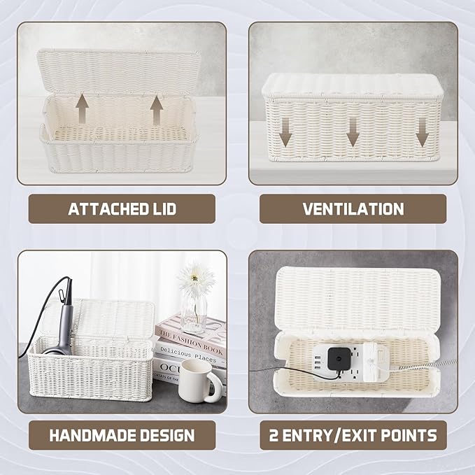 Cable Management Box, Handmade Rattan Cable Organizer, 2 Open Slots Cords Hider Box, Under Desk Cord Organizer for Computer Router USB Hub & Power Strip, Patent Pending, 13" x 5.1" x 5.1", White