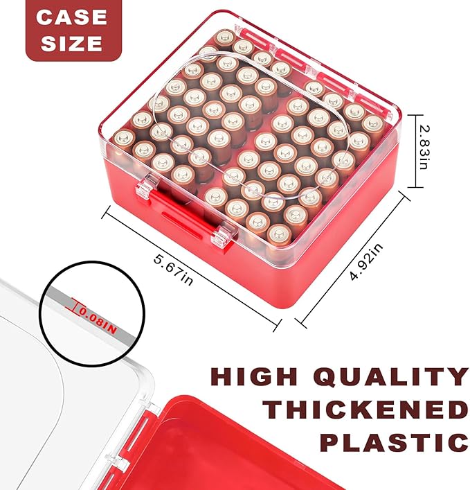 FULLCASE Battery Storage Organizer Box, Holder Container for 56 AA Batteries, Plastic Home Batteries Variety Pack Protective Organization(Case Only) Red
