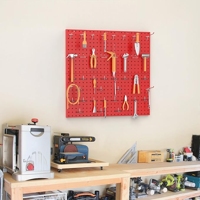 TORACK Metal Pegboard Wall Organizer 24" x 24" or 12" x 48", 70 PCS Tool Storage Pegboard for Garage Tool Organizer Board with Pegboard Hooks for Workbench(Red)